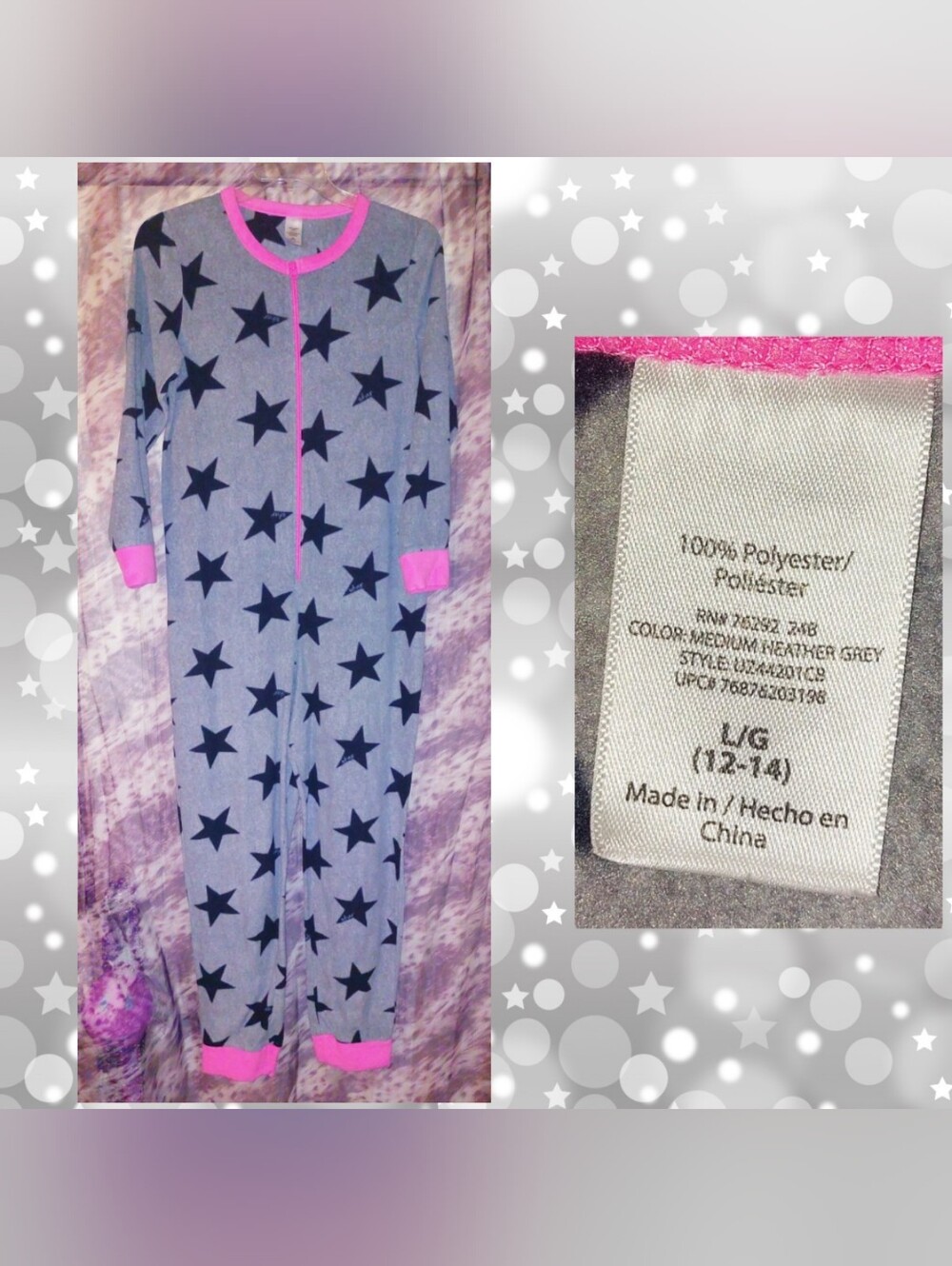 Walmart Lt Gray/Blk/Hot Pink Stars Print Soft Knit Fleece Adult Onsie Lrg(12/14)